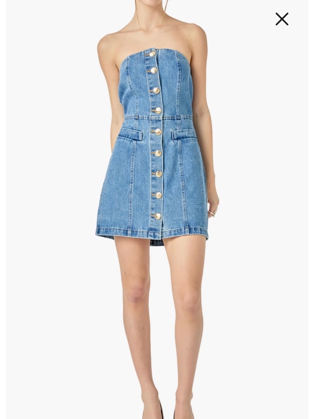 English Factory Denim Strapless Tube Mini Dress with Gold Buttons - Size L